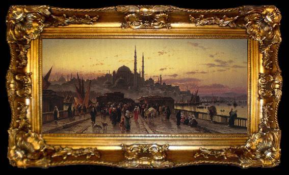 framed  Hermann David Solomon Corrodi Dusk on the Galata Bridge and the Yeni Valide Djami, Constantinople, ta009-2